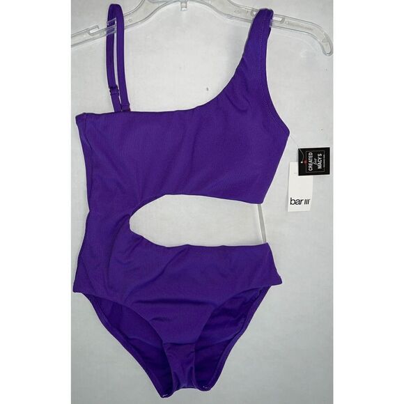 Bar lll Sz Small Micro Rib One-Shoulder Cutout One-Piece Purple Swimsuit $94+ - Picture 3 of 8